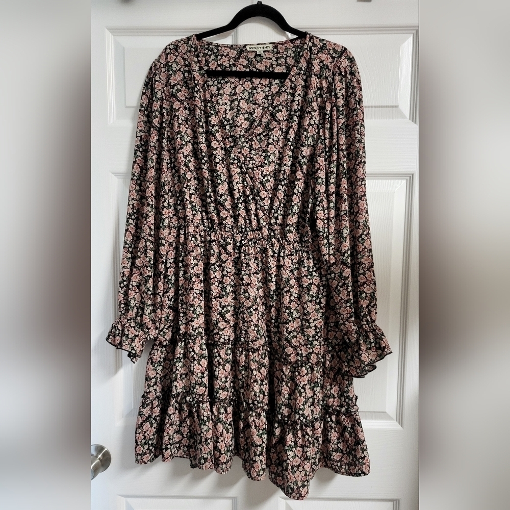 Inspired Hearts Womens Floral Black and Pink Tiered Midi Dress Size 3X